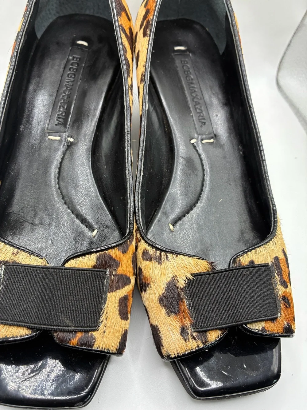 BCBGMAXAZRIA Leopard Calf Hair Peep Toe Wedge Heels Women’s 5.5B Leather Shoes